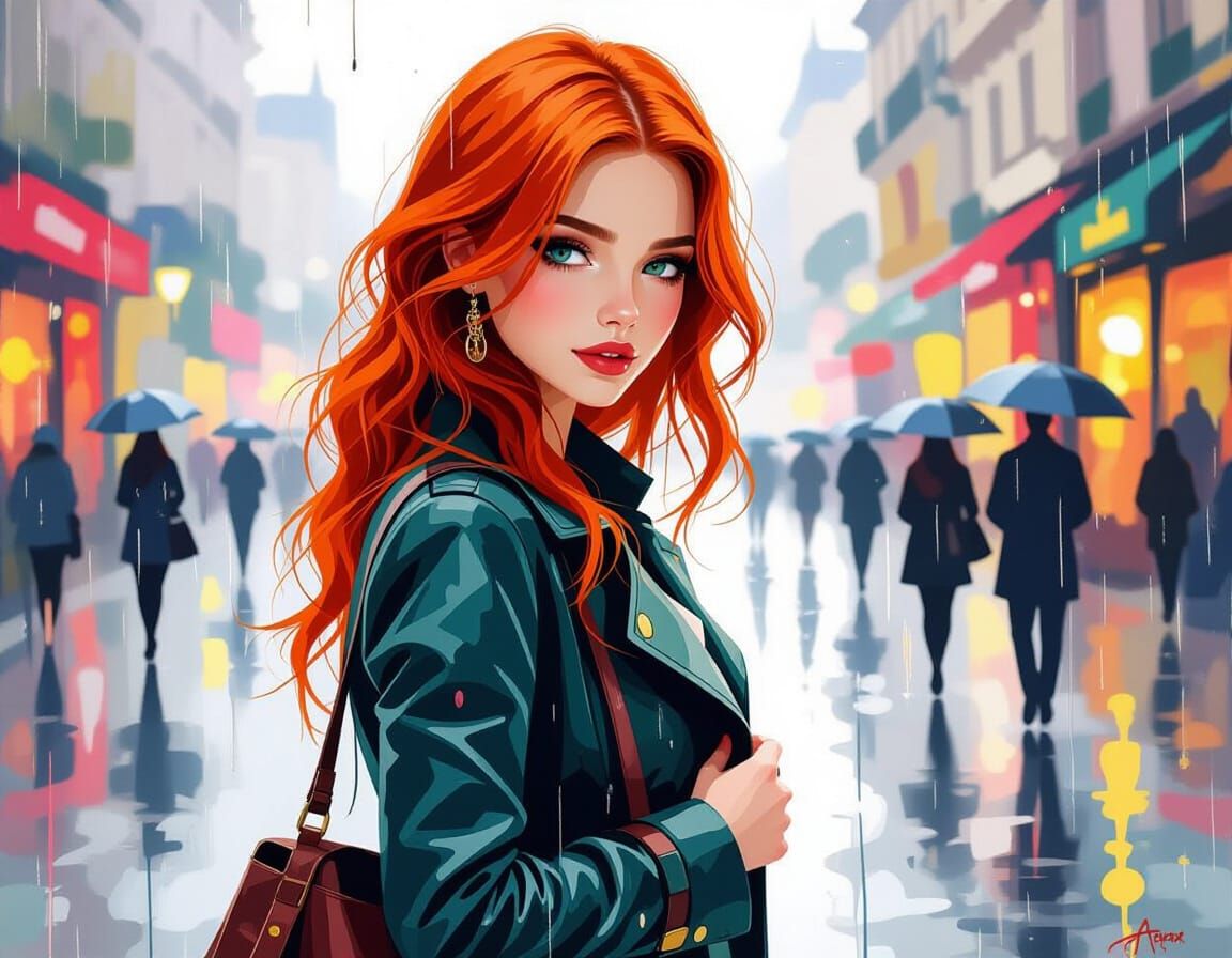 Red-Haired Girl in Rain, Impressionistic Comic Style