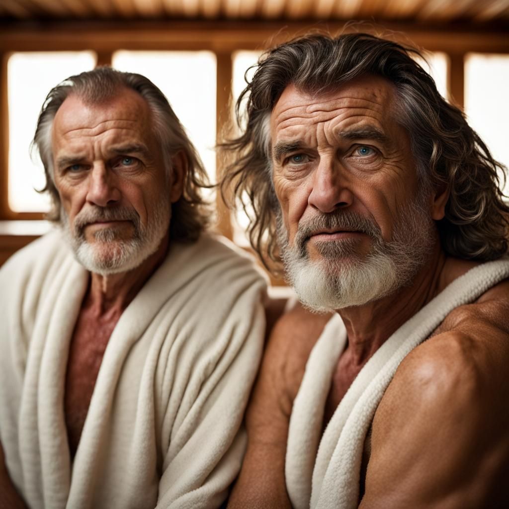 Close-Up Portrait of Two Men in Sauna