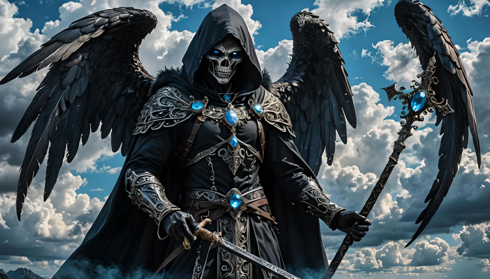 Black Winged Angel of Death with Blue Jewel