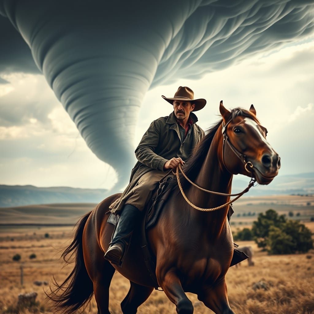 Daring Cowboy Tackles Tornado in Stormy Prairie Landscape
