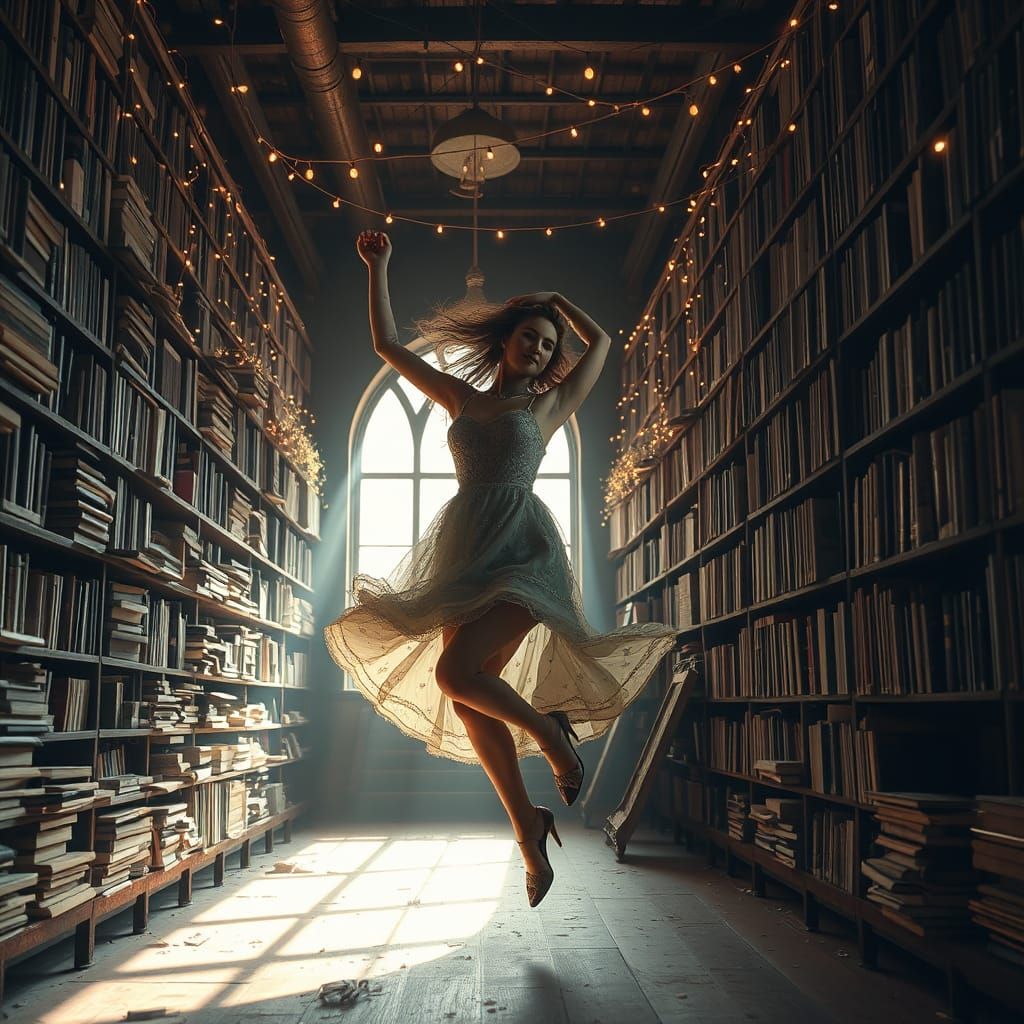 Woman Dancing in Abandoned Library with Futuristic Whimsy