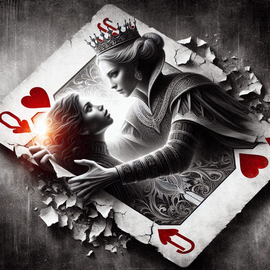Cruel Queen on Torn Playing Card in Digital Painting Style
