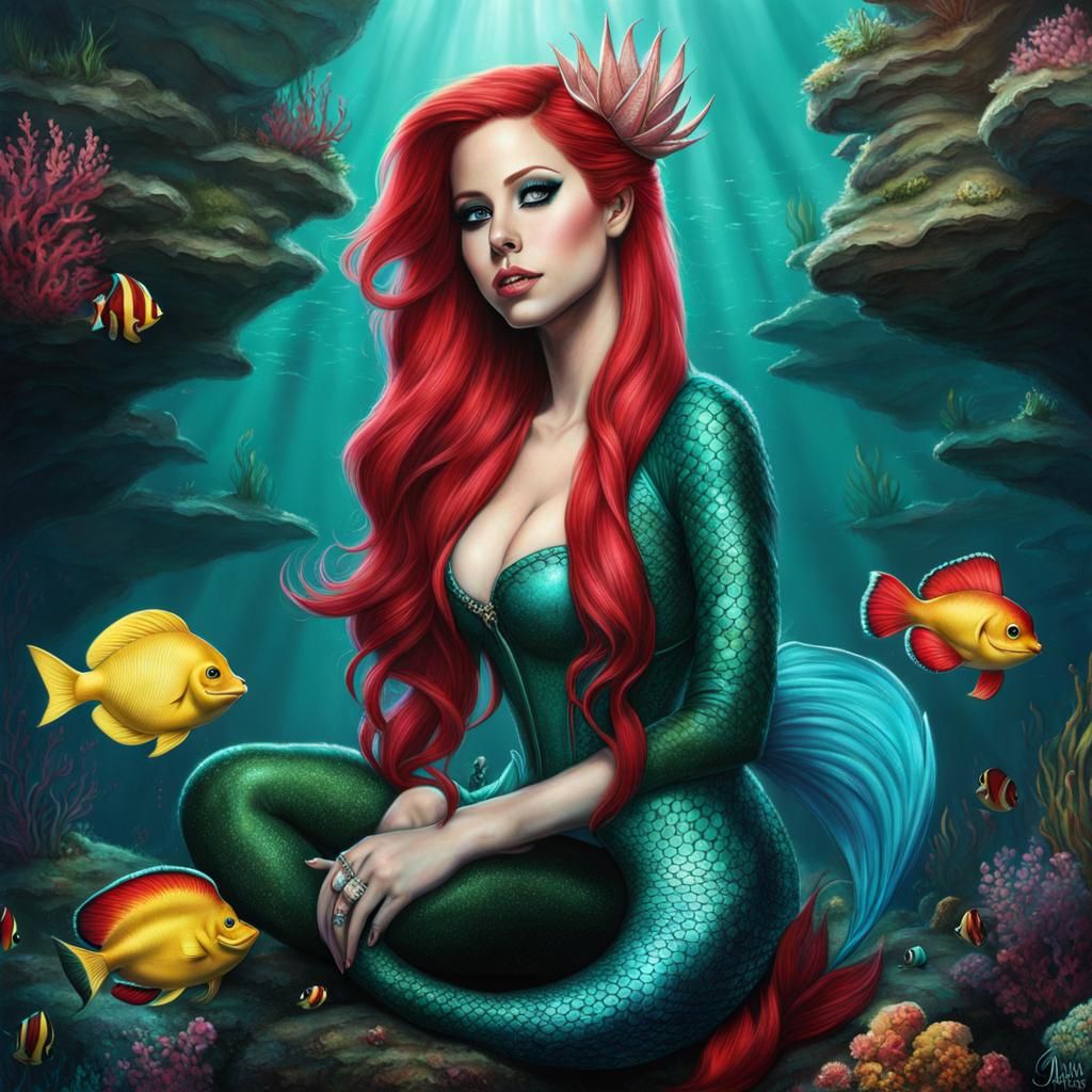 Hyperrealistic Avril Lavigne as Ariel Mermaid