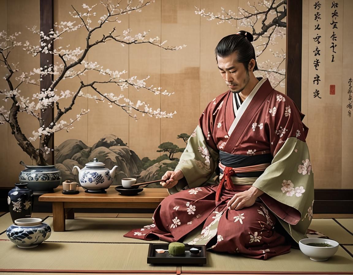 Samurai Tea Ceremony in Ukiyo-e Style