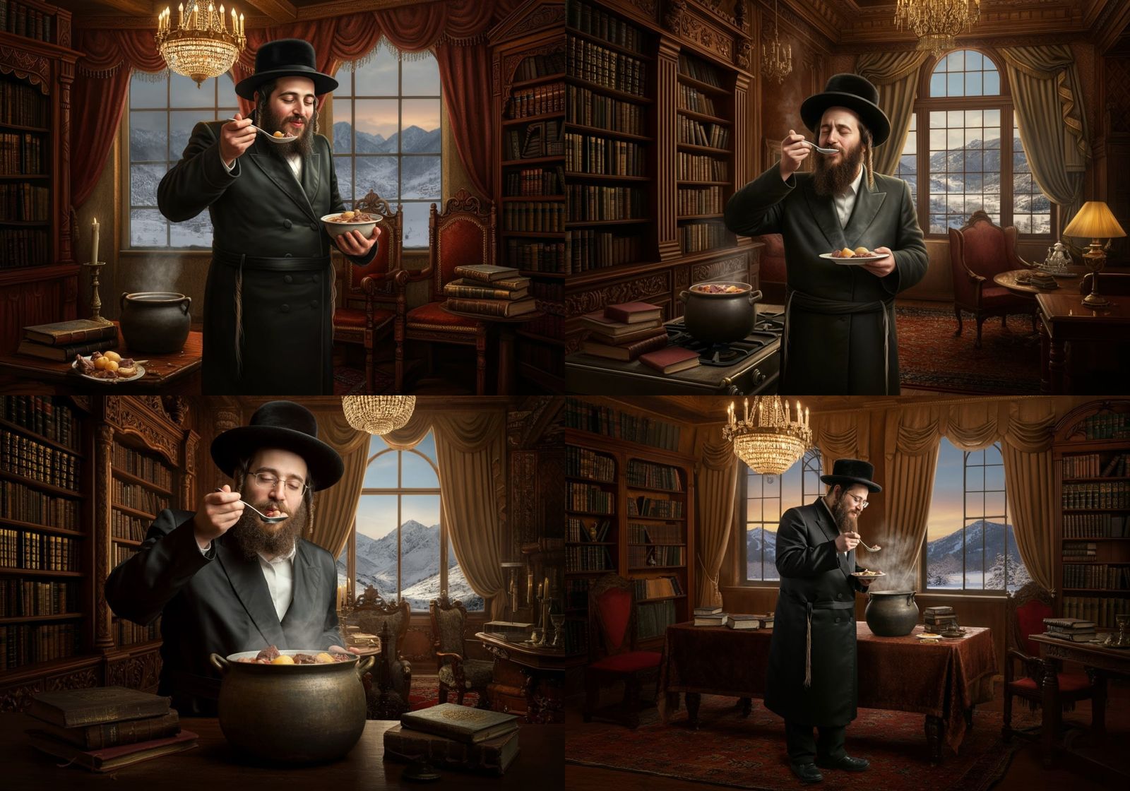 Bearded Hasidic Rabbi Savoring Hearty Cholent in Elegant Hom...