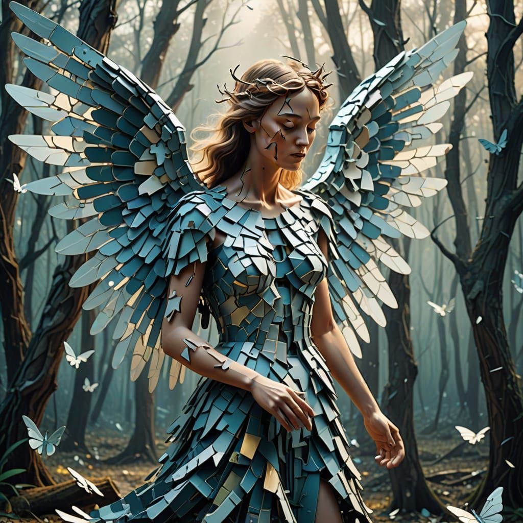 Surreal Angel Reconstructing in Misty Forest