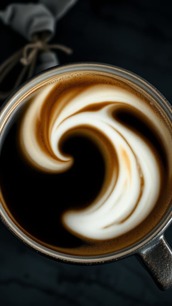 Steaming Coffee Cup with Yin and Yang Cream Swirl