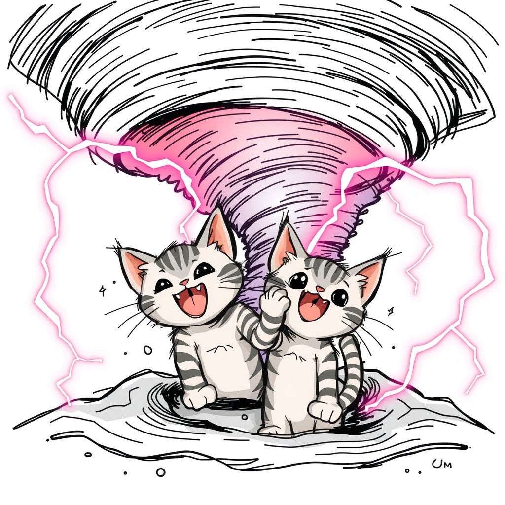 Cute Kittens in Tornado with Pink Lightning