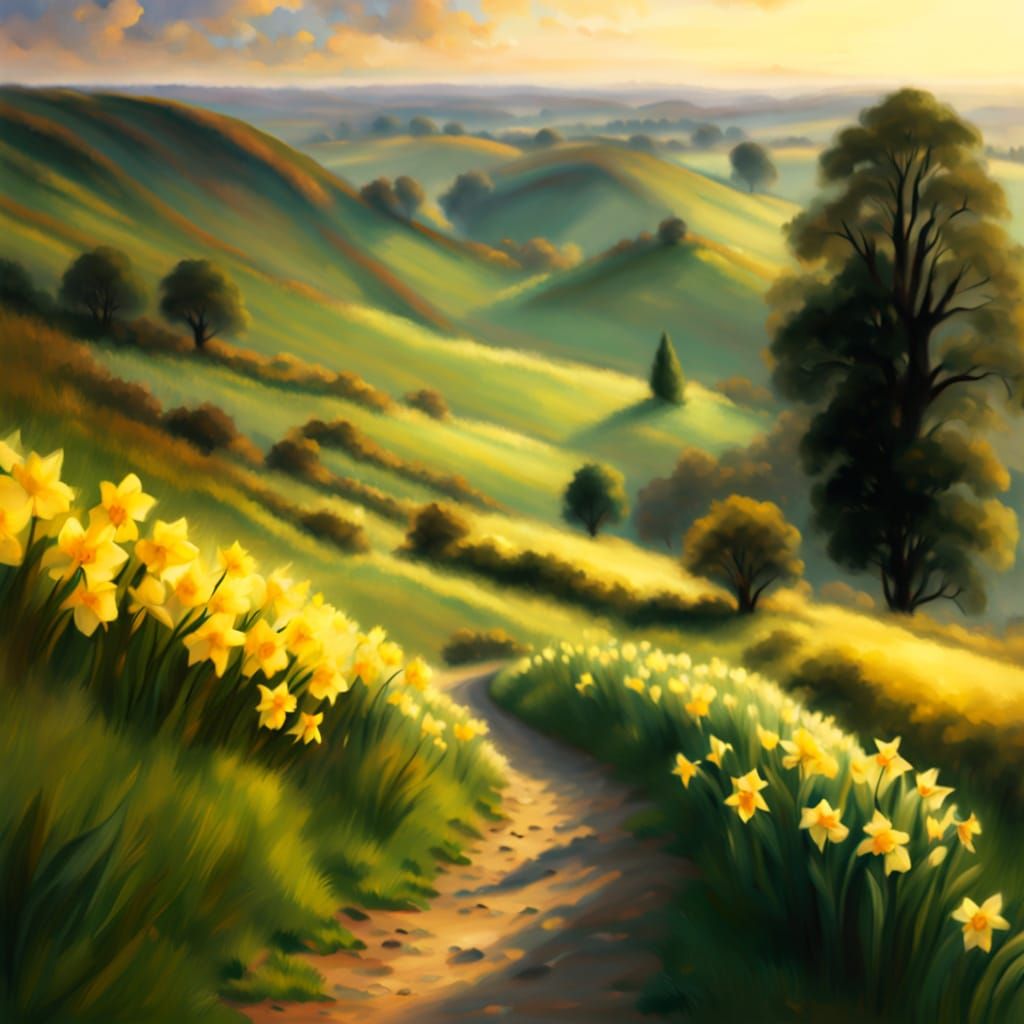 Dreamy Daffodil Landscape in Warm Golden Light