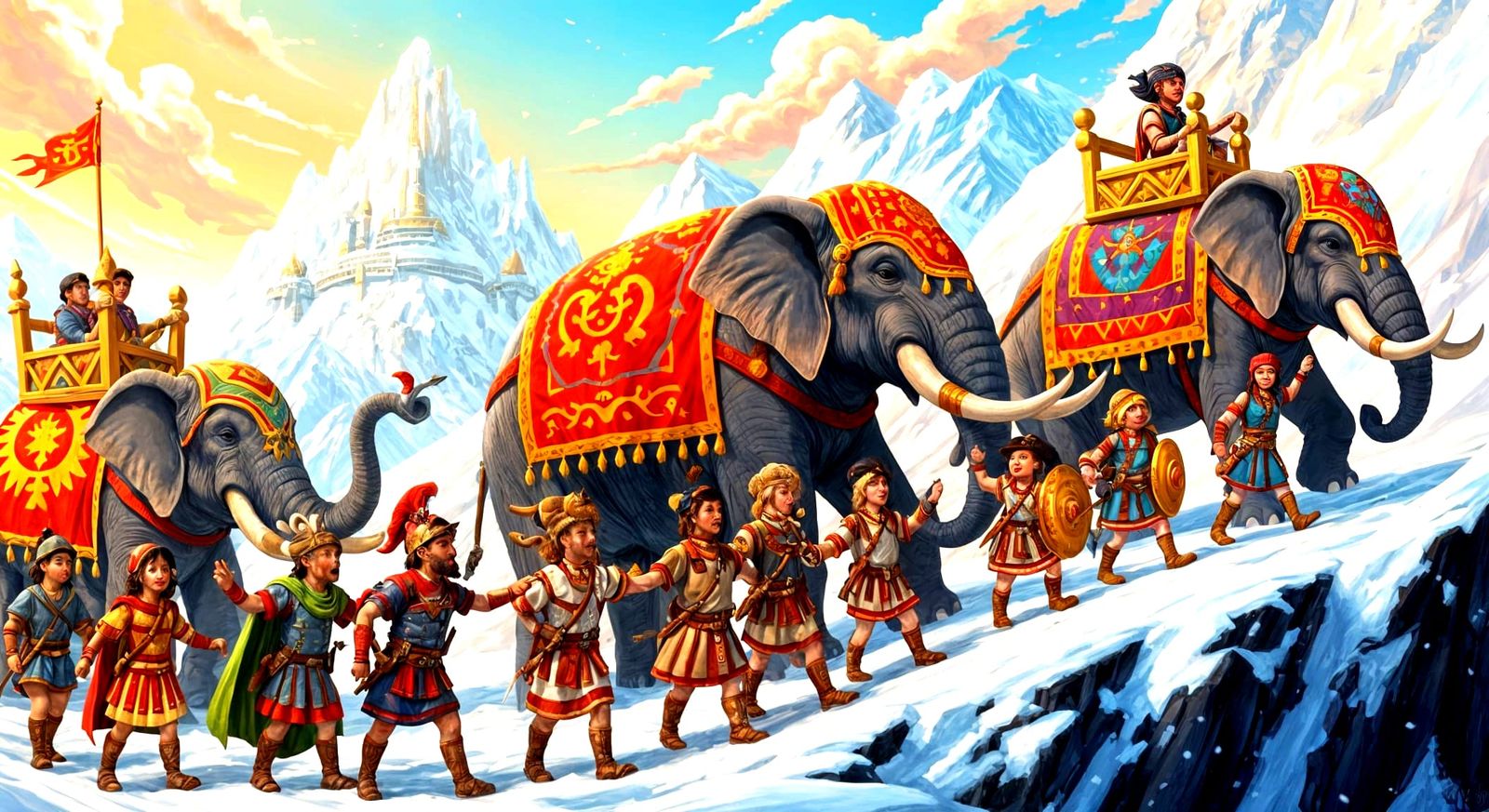 Hannibal and his army crossing the alps.