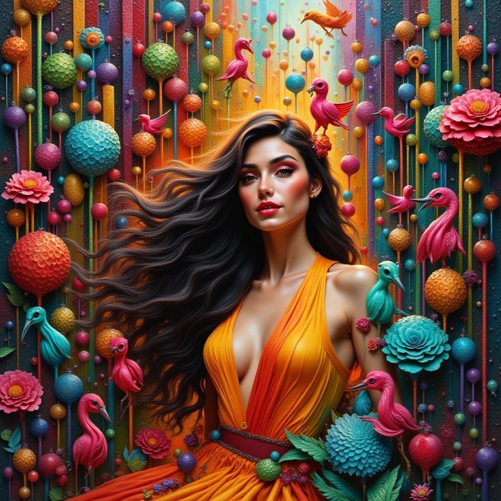 Serene Woman in Eclectic Cityscape, Surrealist Digital Art