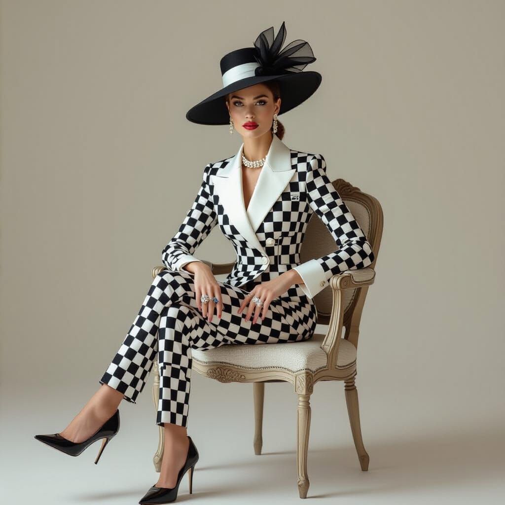 Elegant Model in Chessboard Suit and Ascot Hat