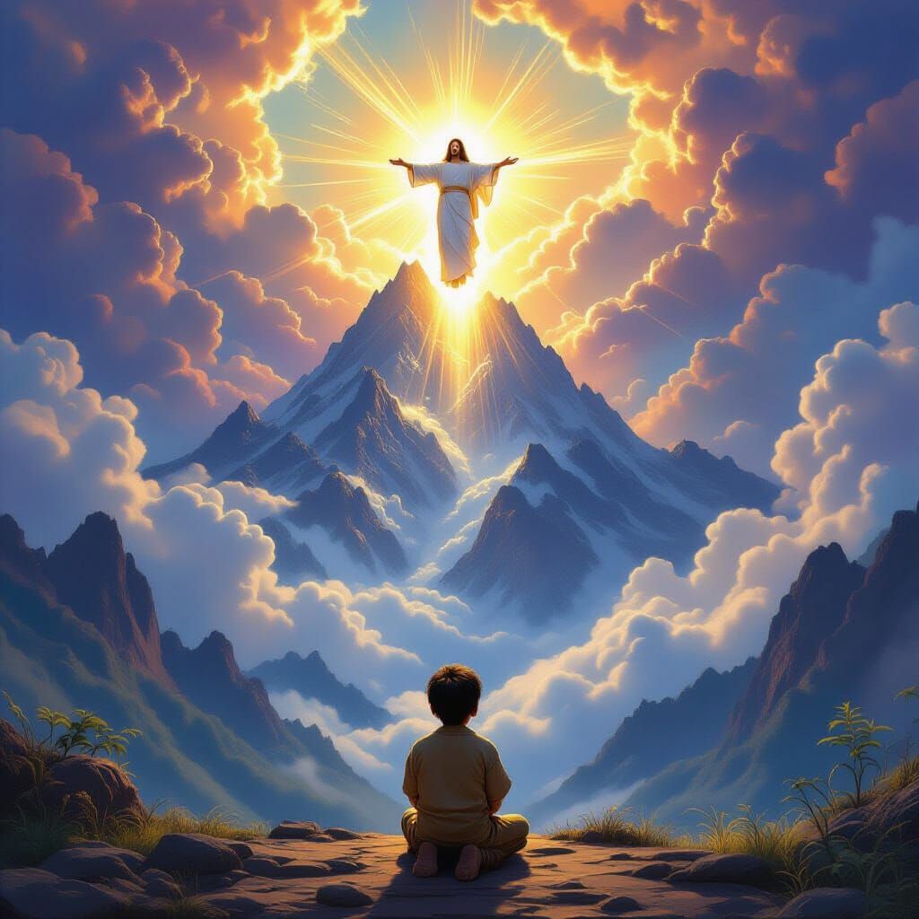 Hmong Boy Prays on Mountain as Divine Light Descends