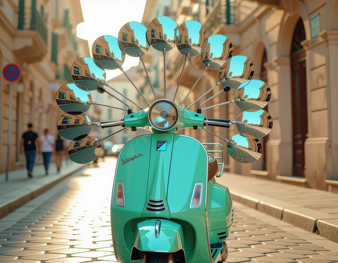 Vintage Vespa Scooter with Numerous Chrome Mirrors