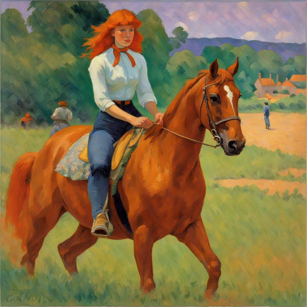Redhead on Horse in Post-Impressionistic Style