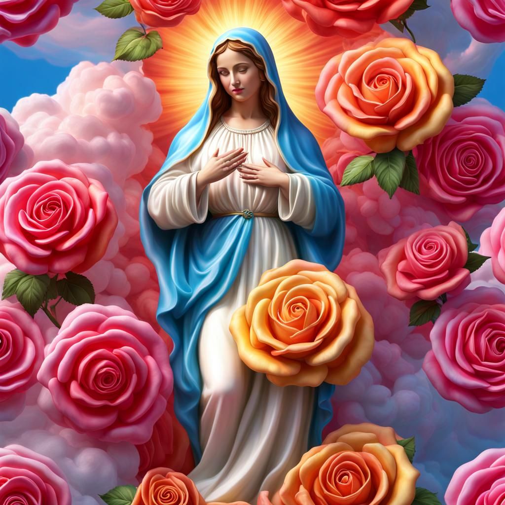 Hyperreal Virgin Mary Made of Multicolored Clouds