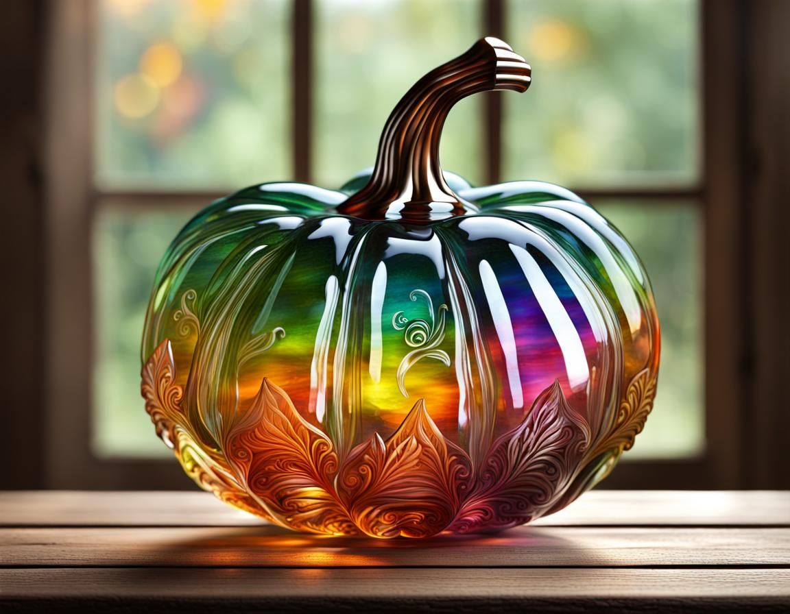 Ornate Glass Pumpkin on Wooden Desk