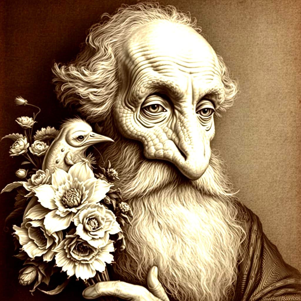 Sepia Etching of Grandfather with Fractal Beak