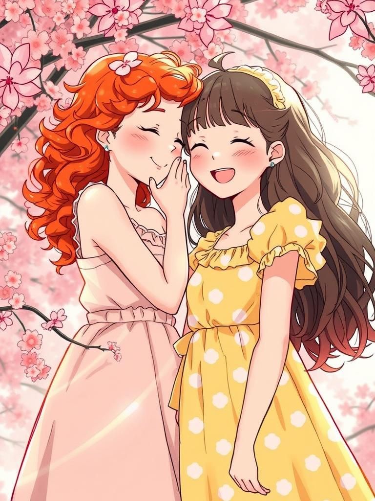 Two Friends in Matching Dresses, Manga Style