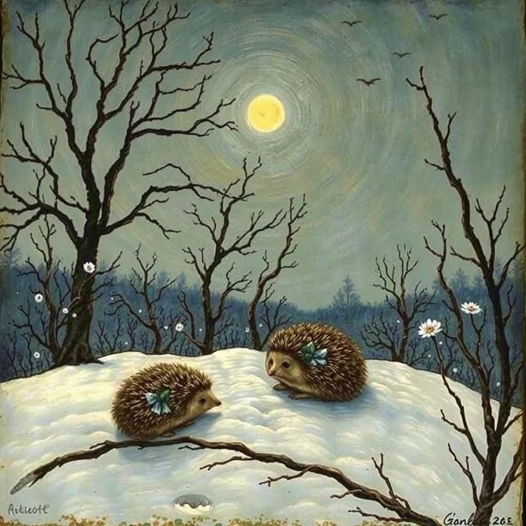 Whimsical Hedgehog Winter Scene in Dreamlike Impressionist S...