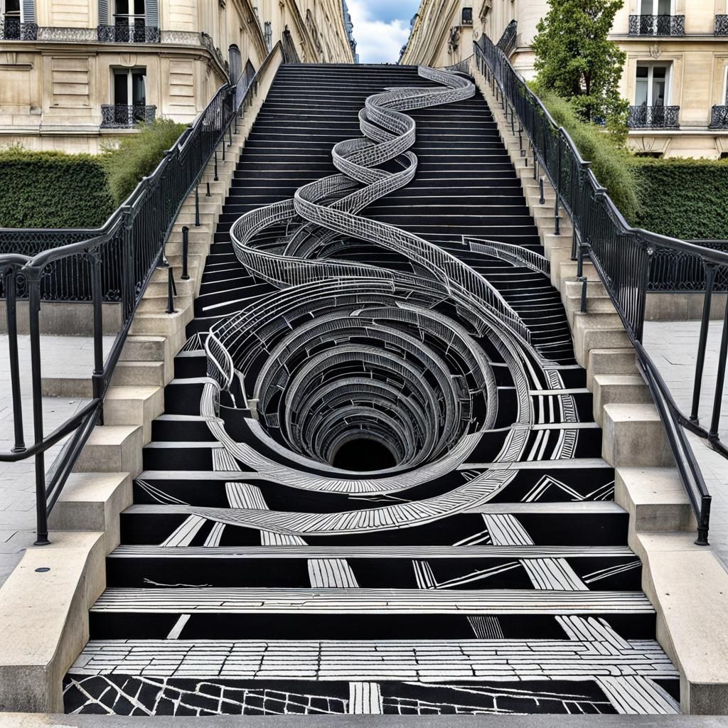 Paradoxical Staircase: Chalk Art Illusion in Paris