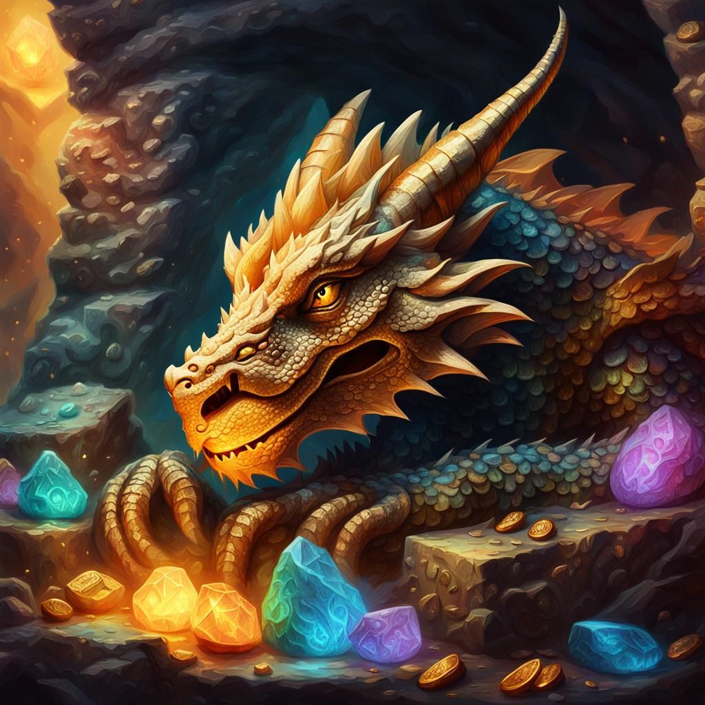 Furry Dragon on Treasure Hoard: Fantasy Art