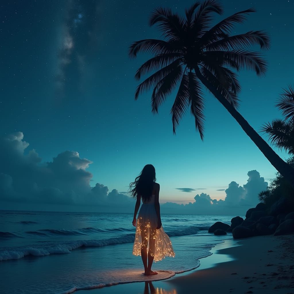 Mysterious Teenage Girl Under Starry Oceanfront