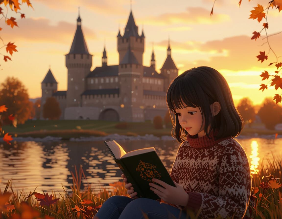 Vyborg Castle at Autumn Sunset With Girl Reading