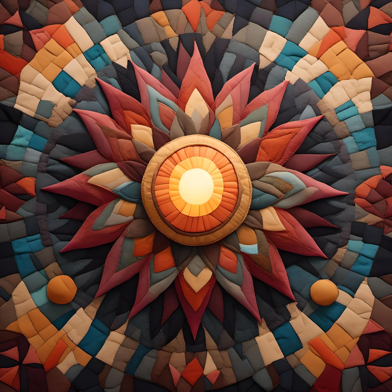 Patchwork Painting of a Sun with Pyramid Rays