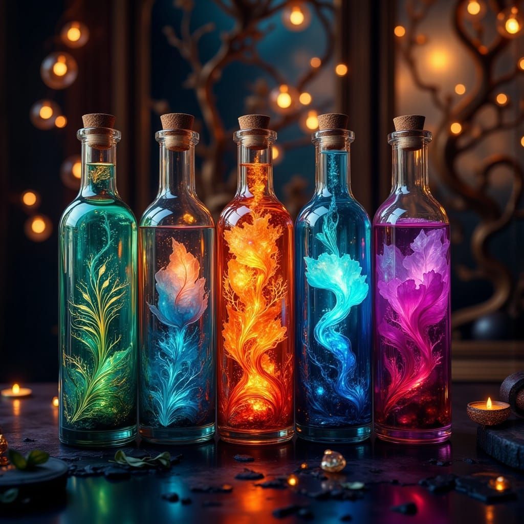 Five glass apothecary bottles