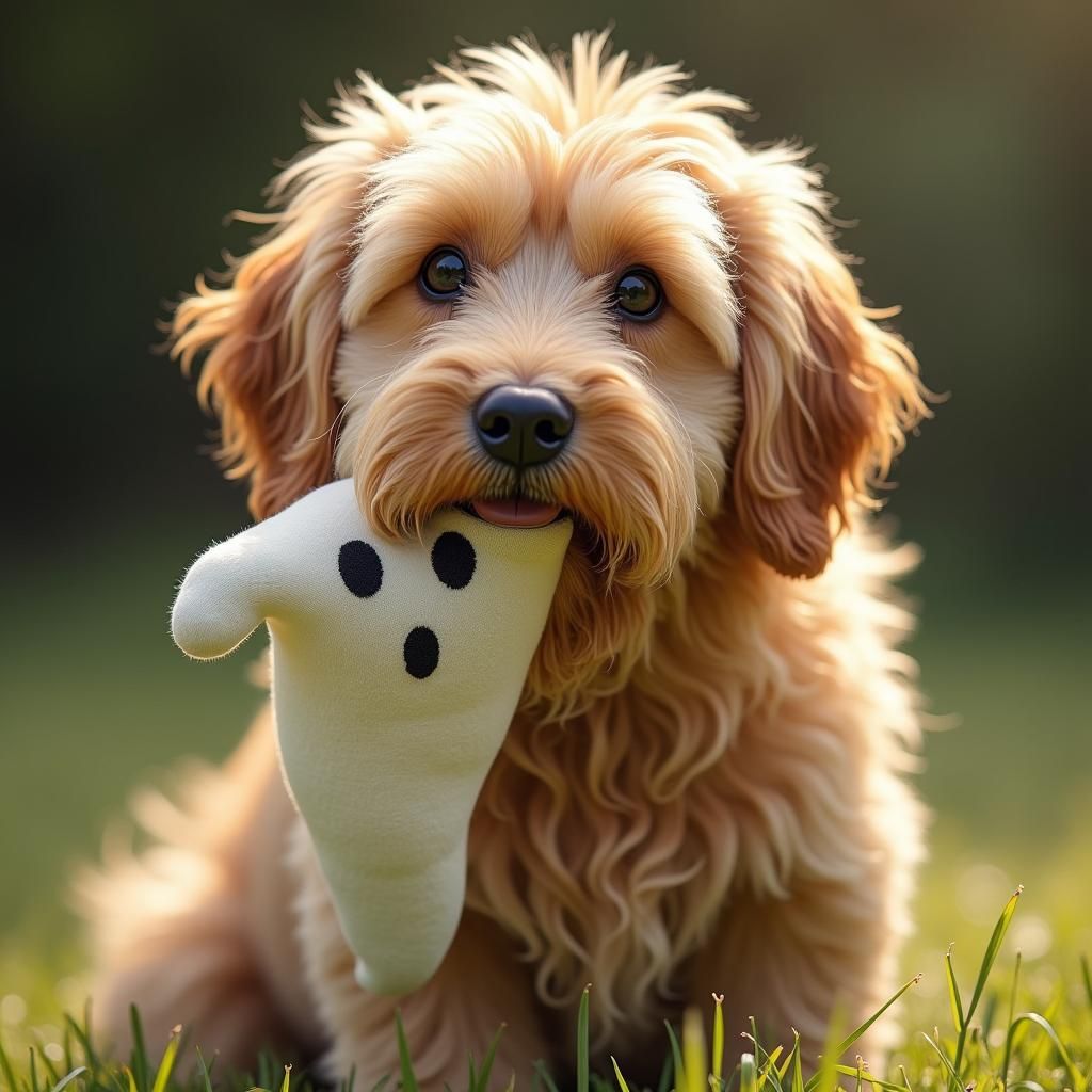 Golden Havanese Dog with Ghost Toy: Hyper-Realism Portrait