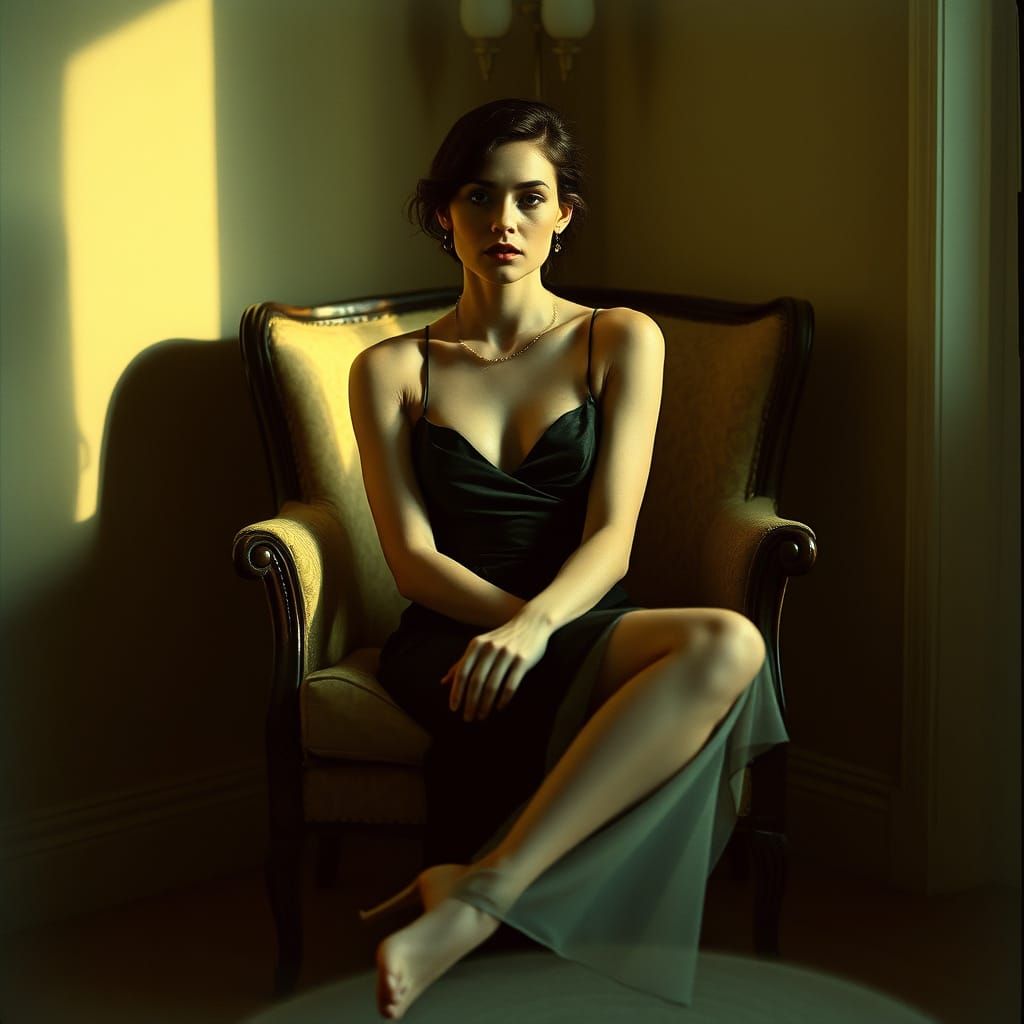 Elegant Woman in Vintage Chair: Soft Focus Photo