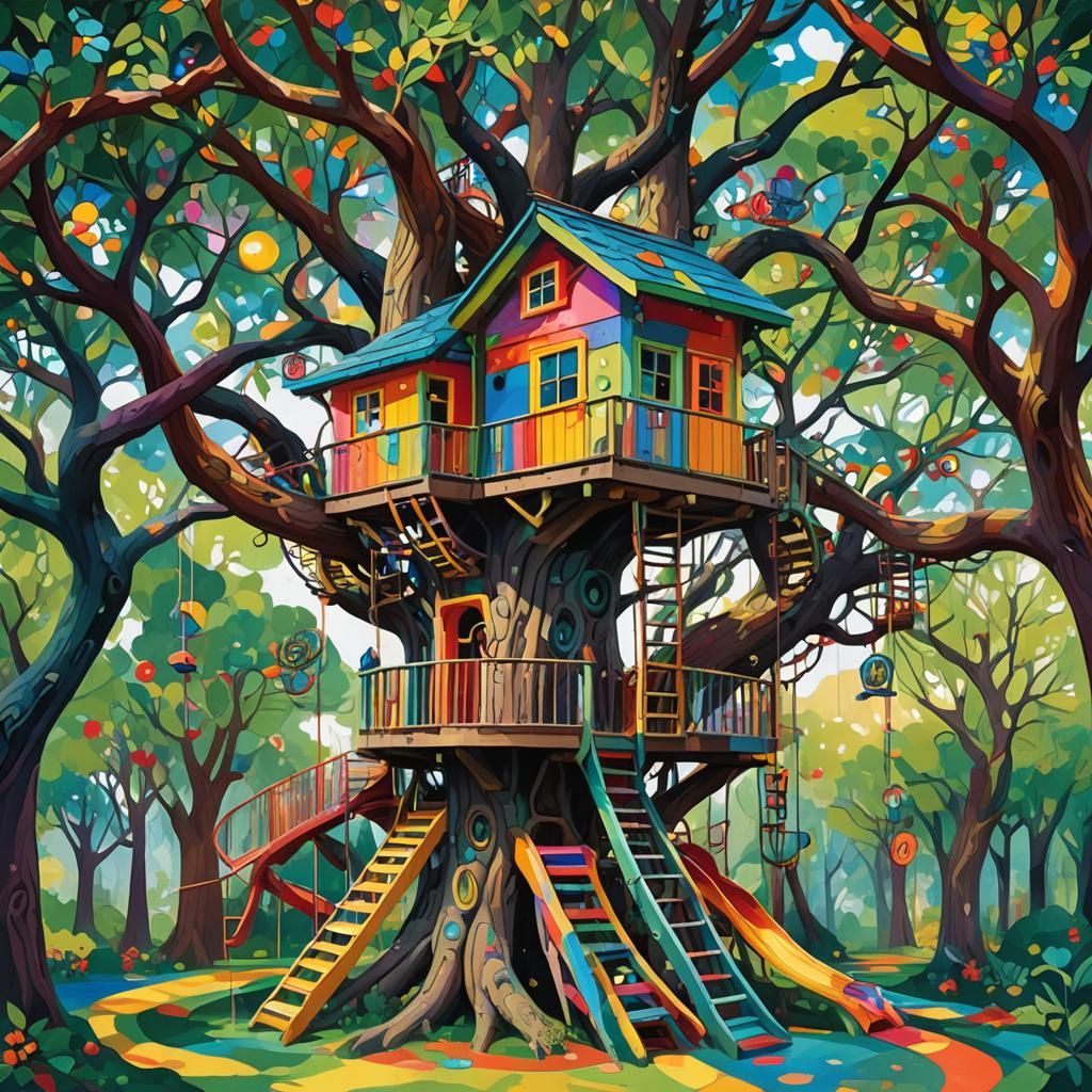 Whimsical Treehouse Adventure with Rainbow Slides