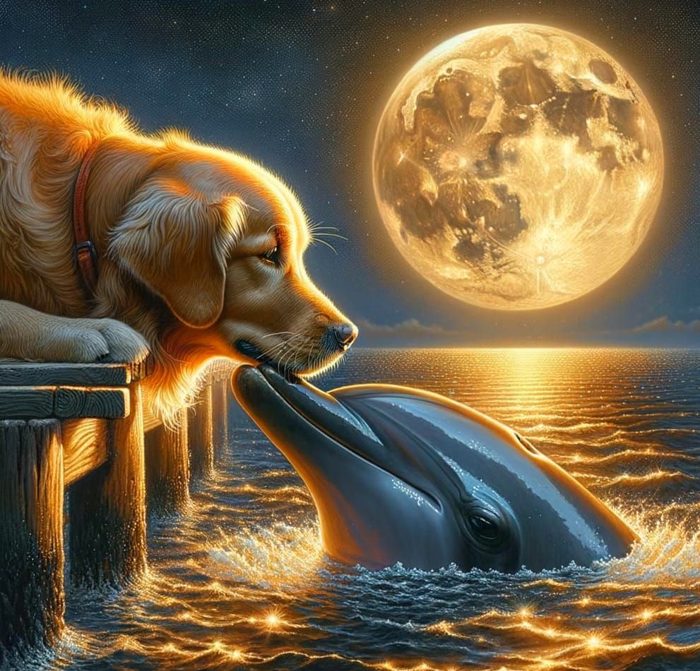 Touching Noses: Golden Retriever and Dolphin Friendship