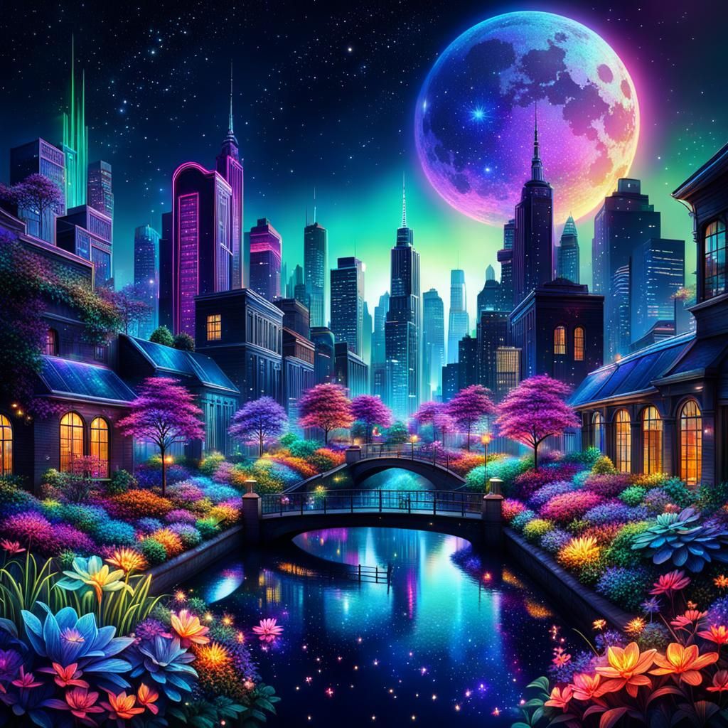 Iridescent Neon City Garden at Night