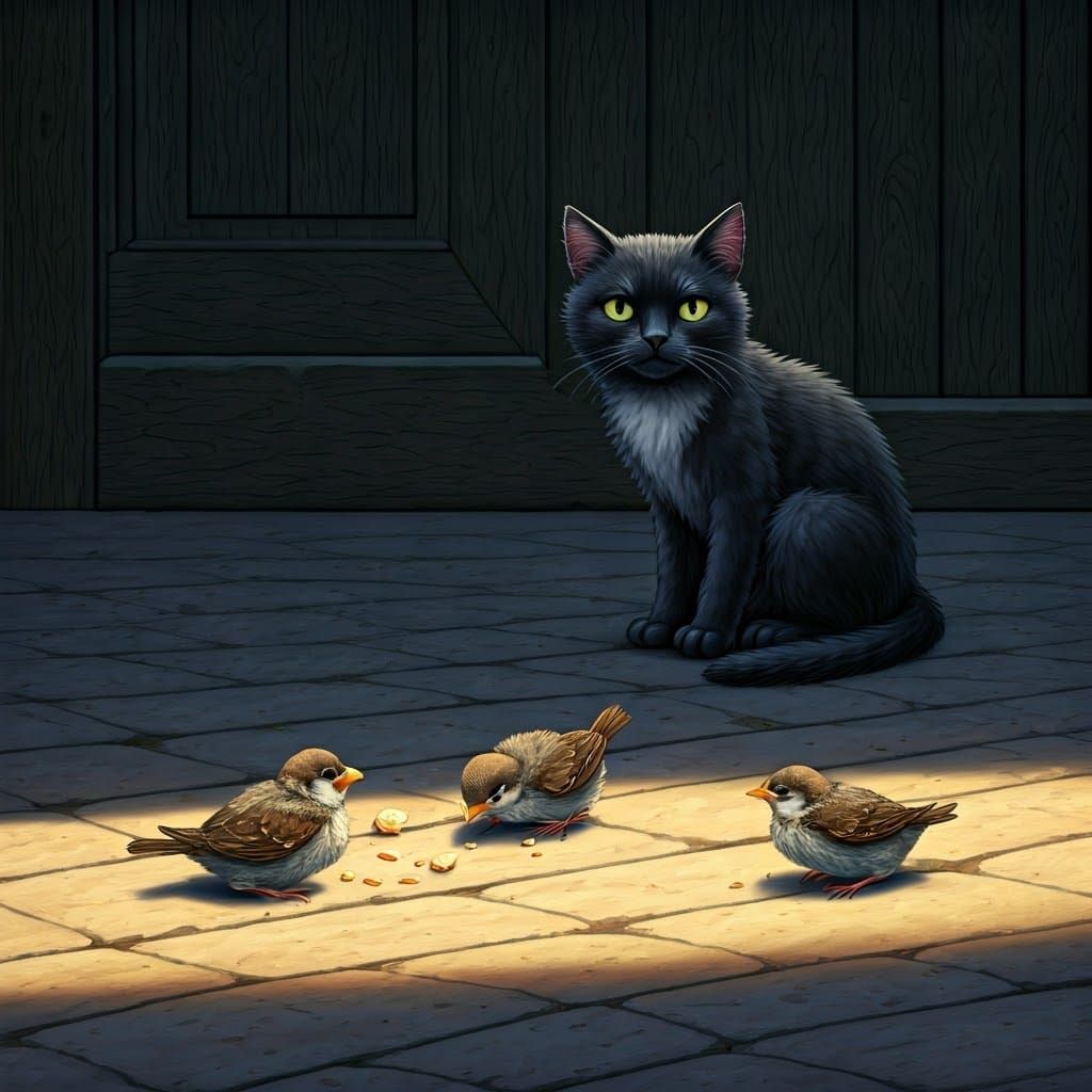 Sparrows and Cat in Sendak-Inspired Illustration