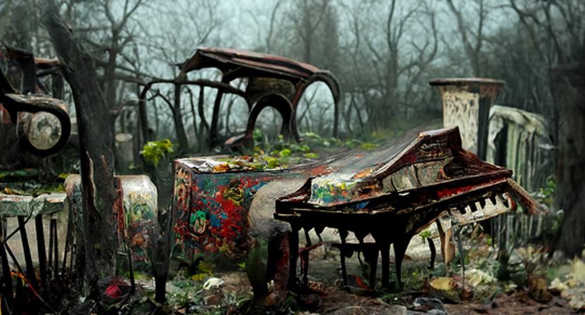 Gothic Twilight Cityscape with Abandoned Piano