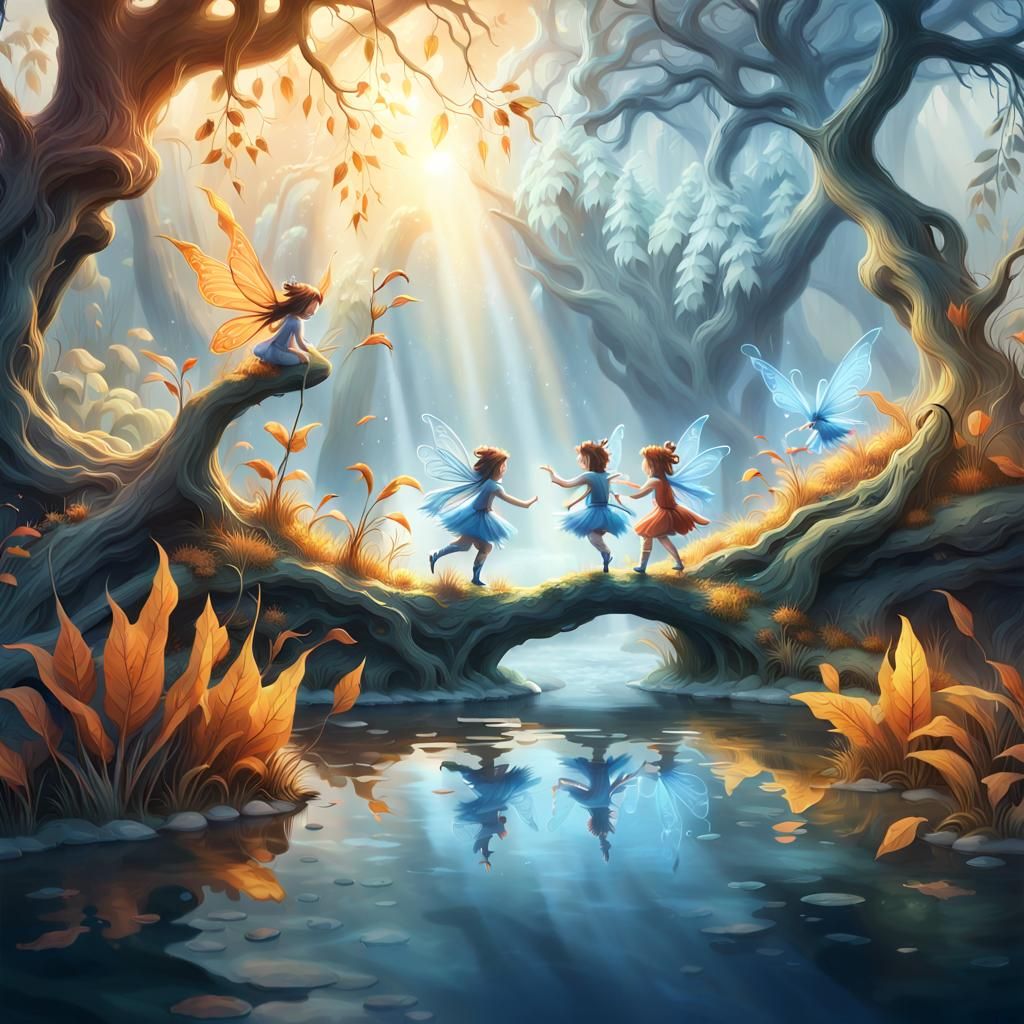 Fantastical River Scene with Two Fairies in a Daydream World