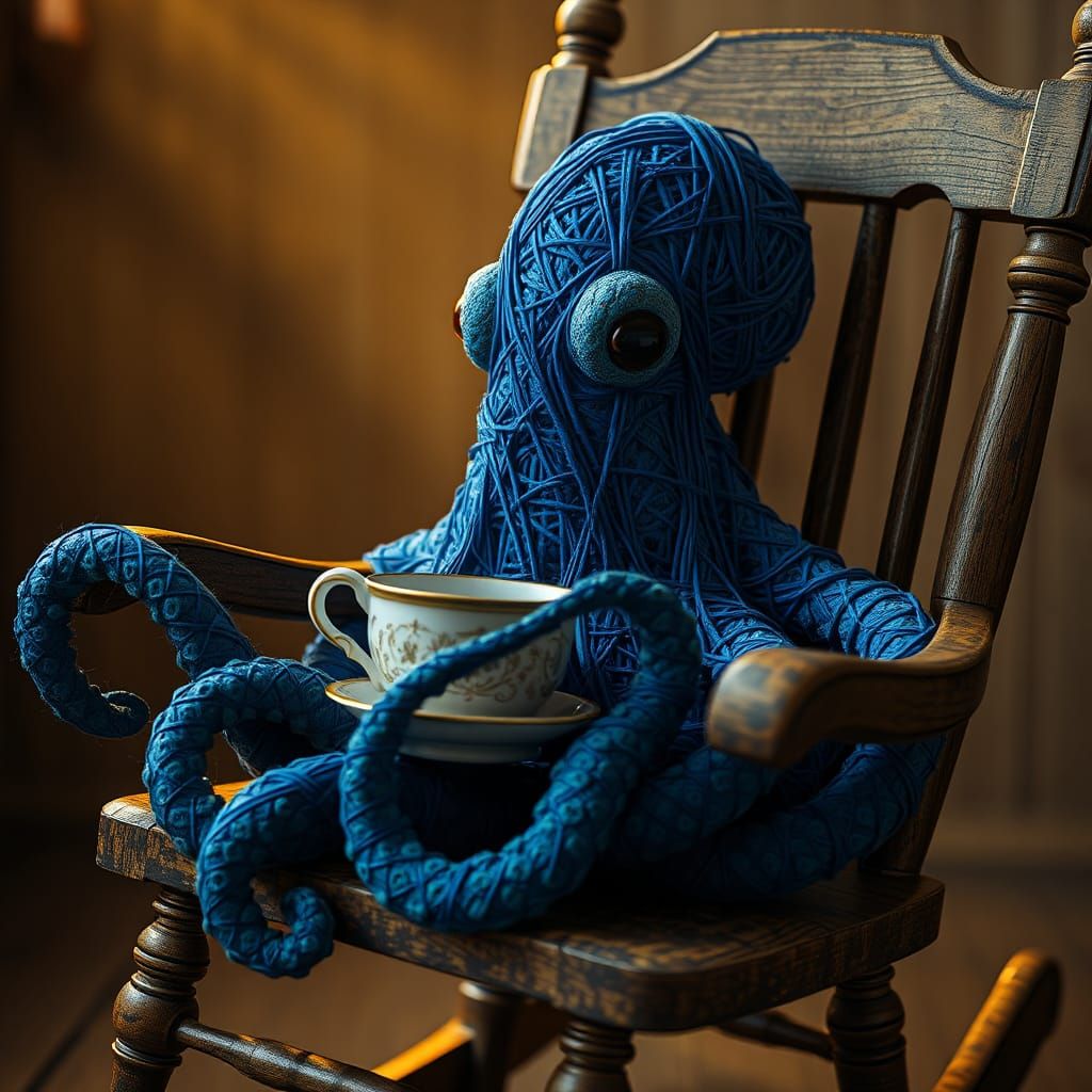 Cerulean Octopus Sipping Tea in Dreamlike Setting