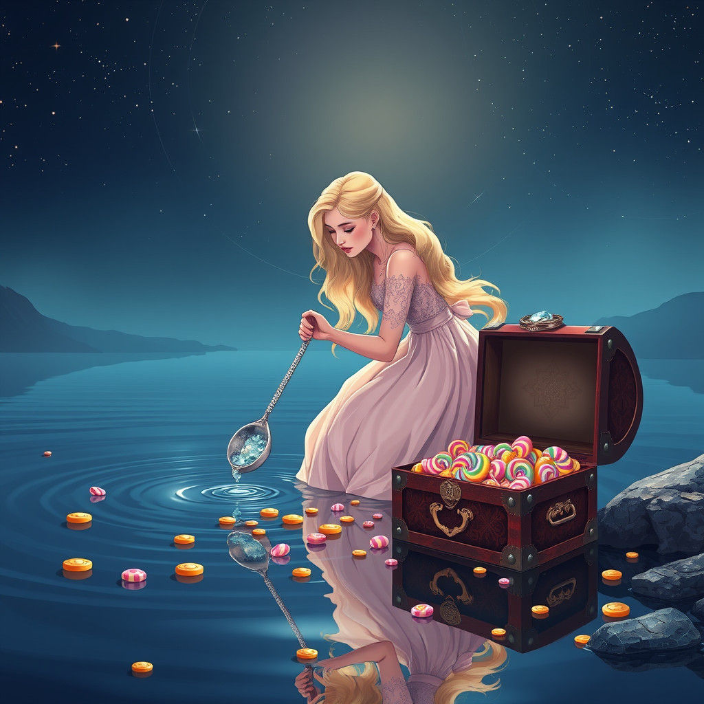 Serene Lake: Blonde Lady and Treasure, Digital Art