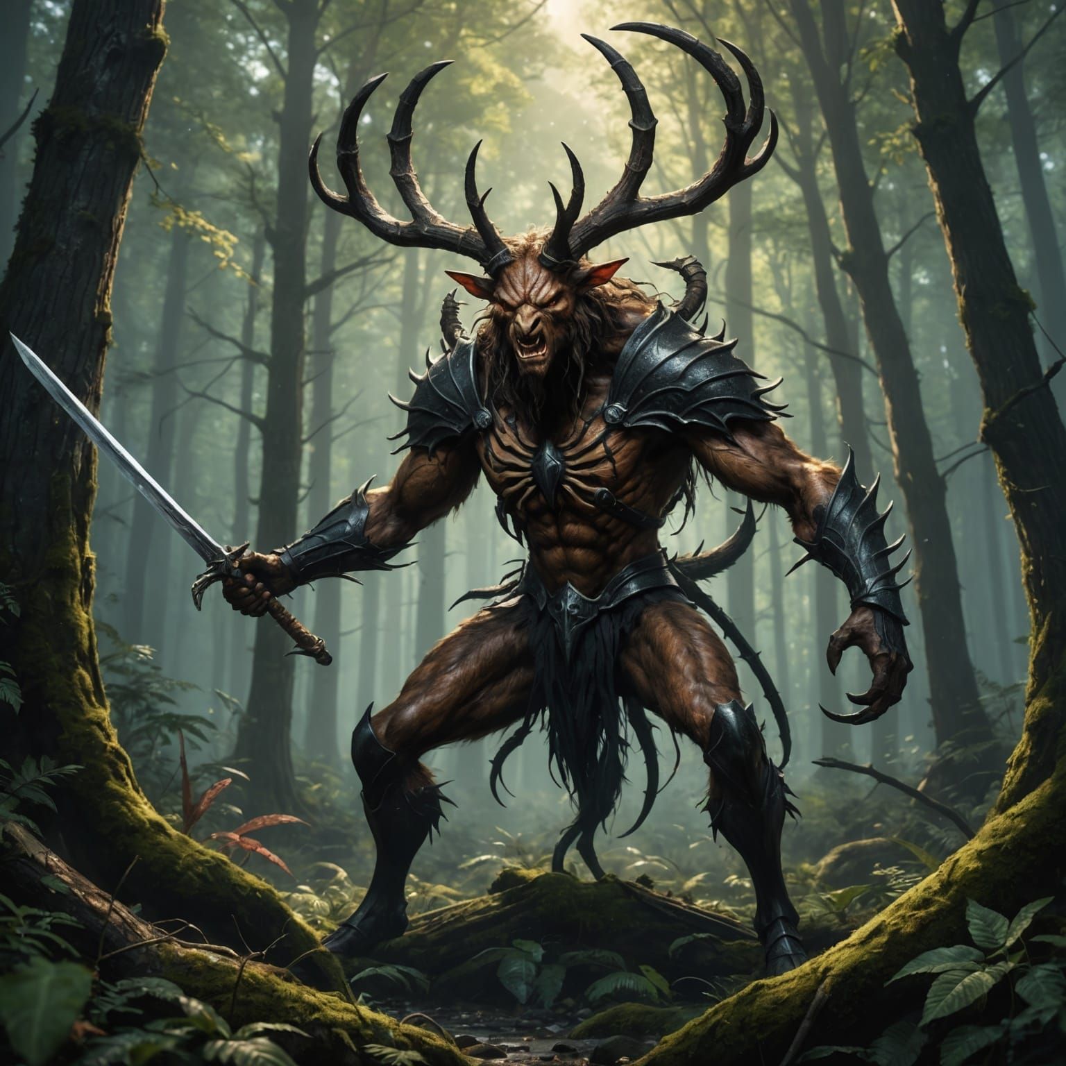 Centaur with Antlers Battles Spider in Dark Forest