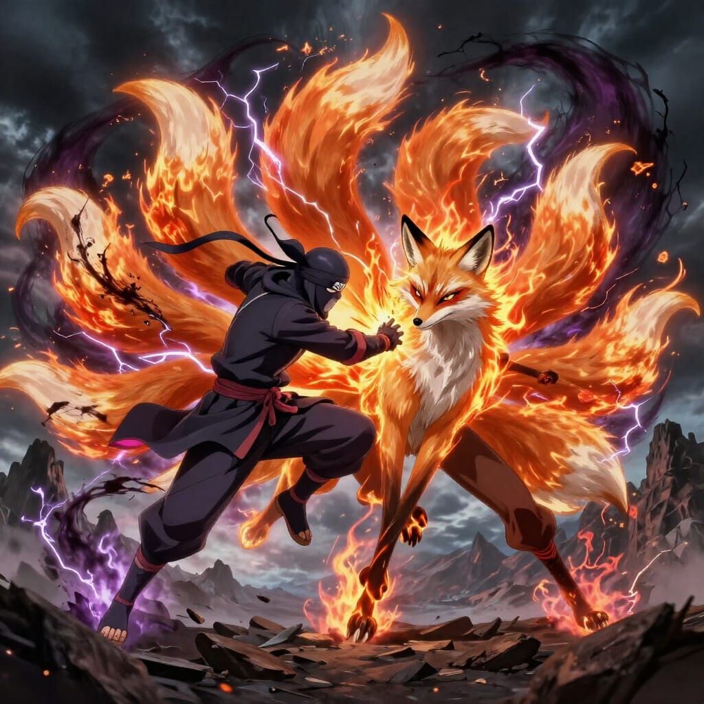 Nine-Tailed Fox vs Dark Ninja in Fiery Battle