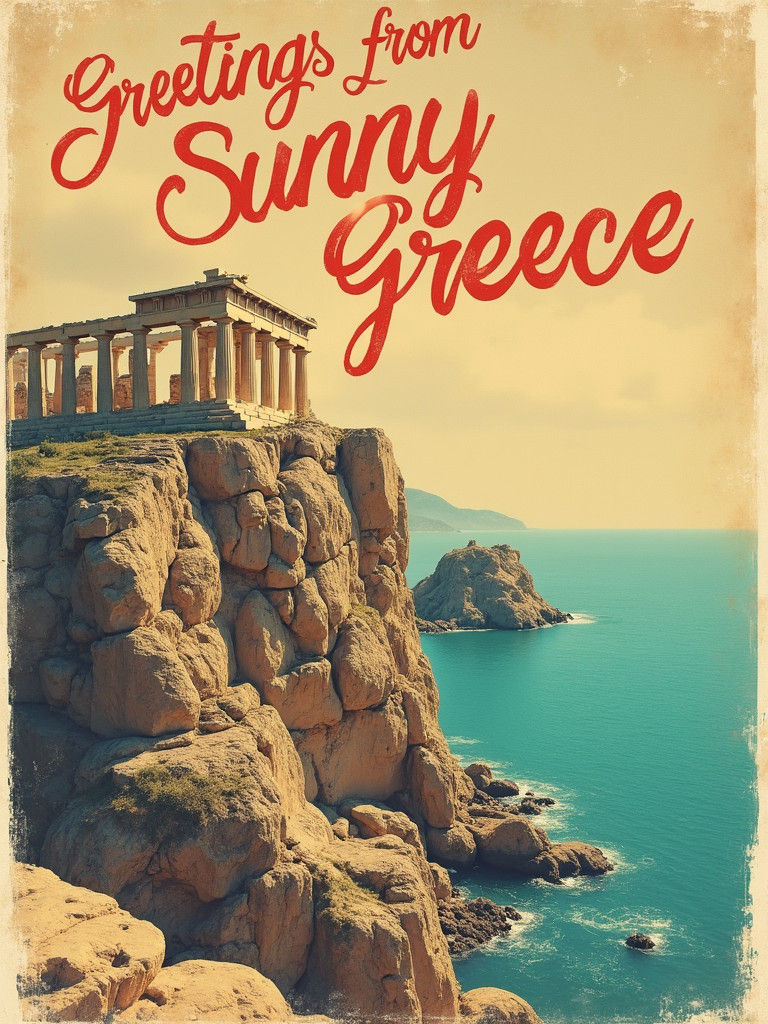 Greetings From Sunny Greece: Acropolis on Vintage Poster
