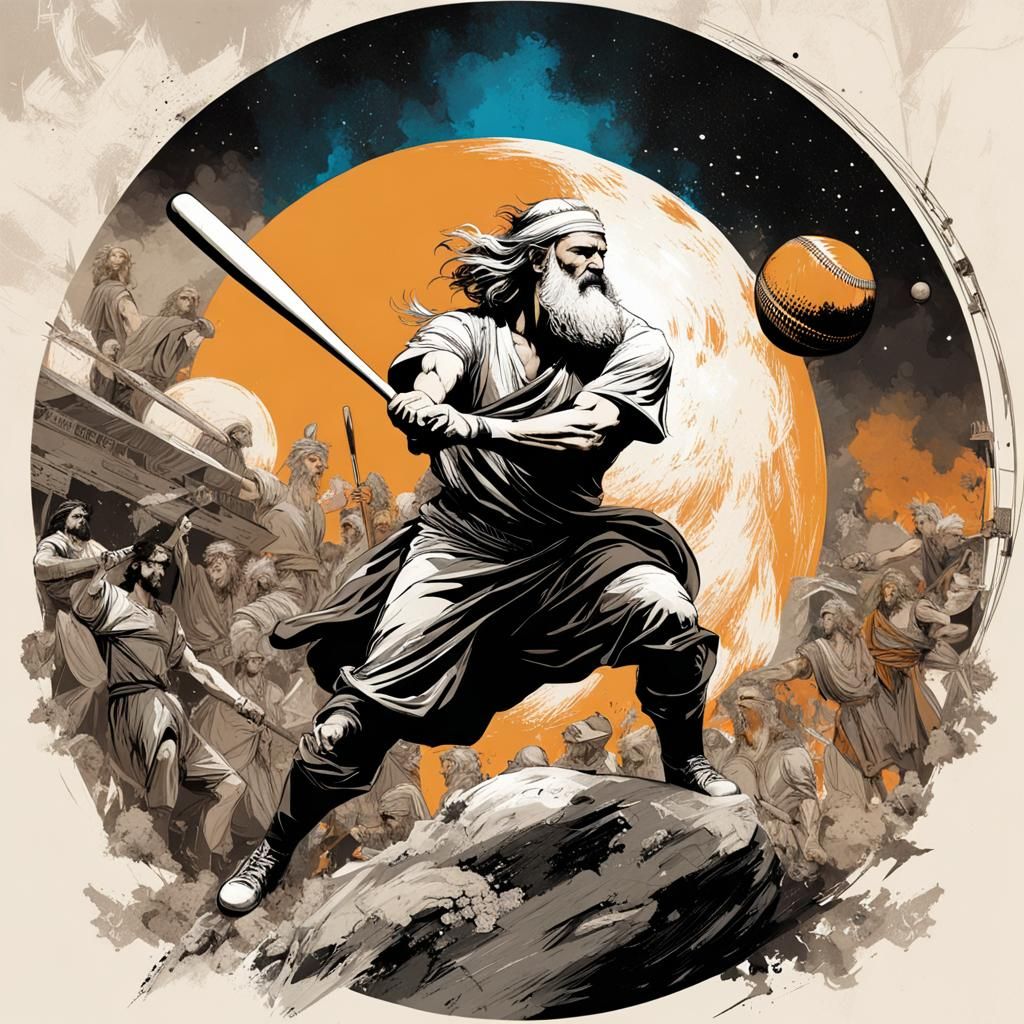Greek Gods Play Baseball in Digital Art Style