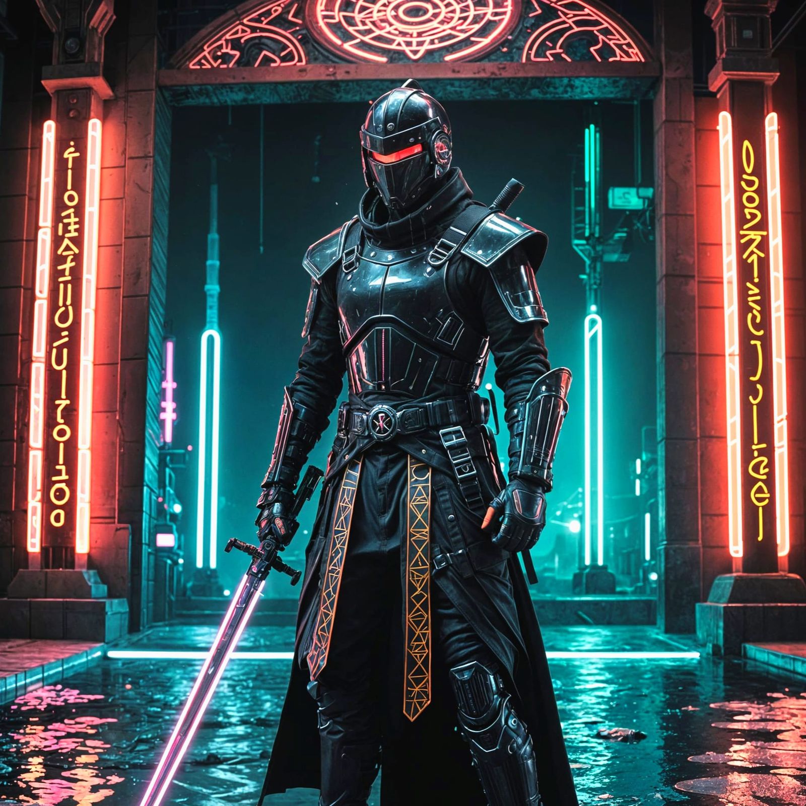 Cyberpunk Ninja with Fantasy Sword in Dreamcore Style