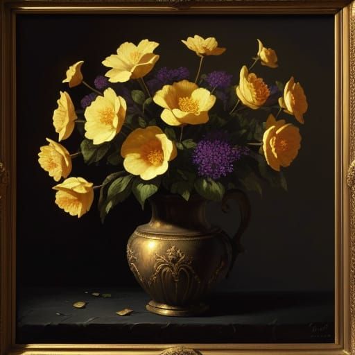 Wildflowers in Dark Room, Baroque Style with Chiaroscuro