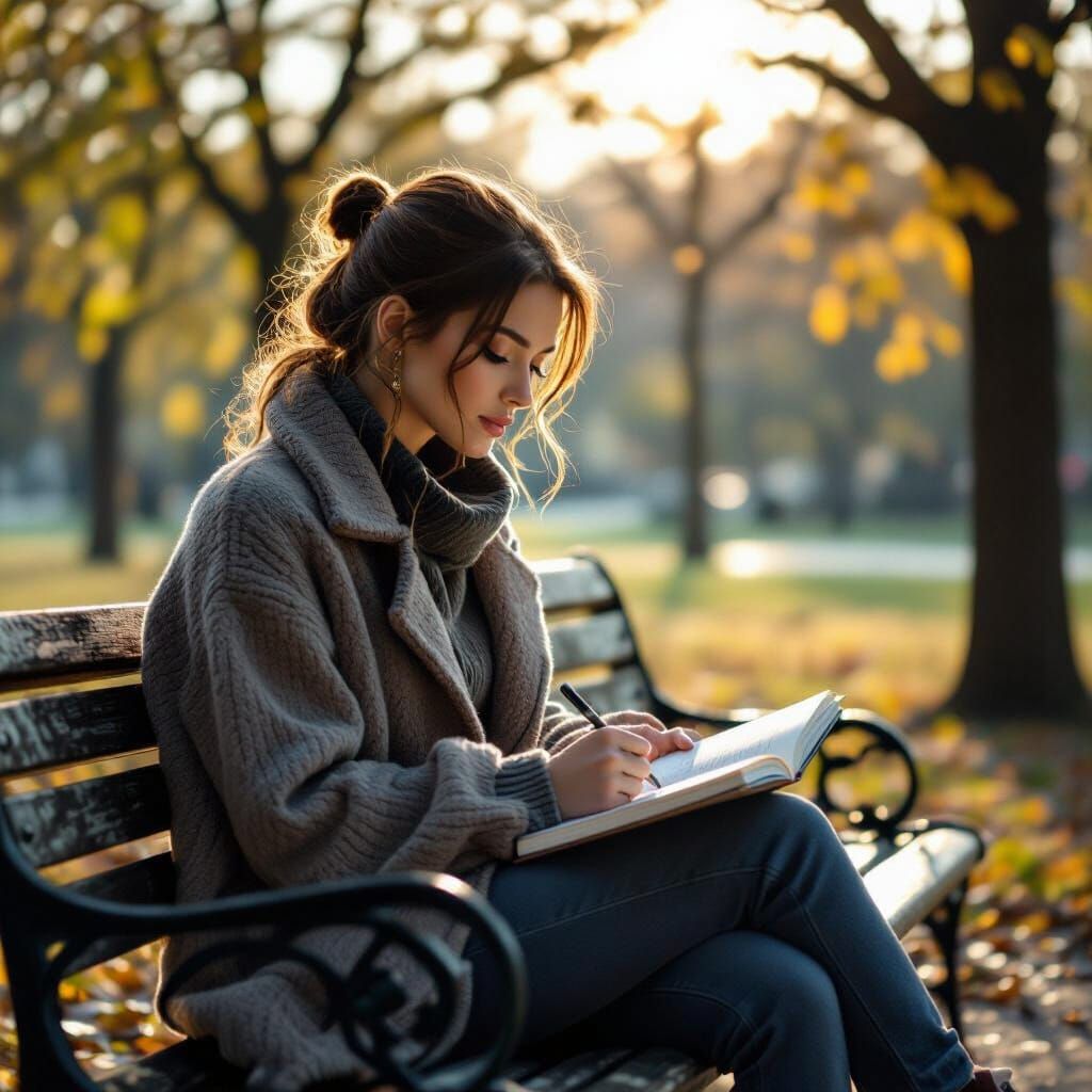 Woman Sketching in Park: Hyperrealistic Studio Photography