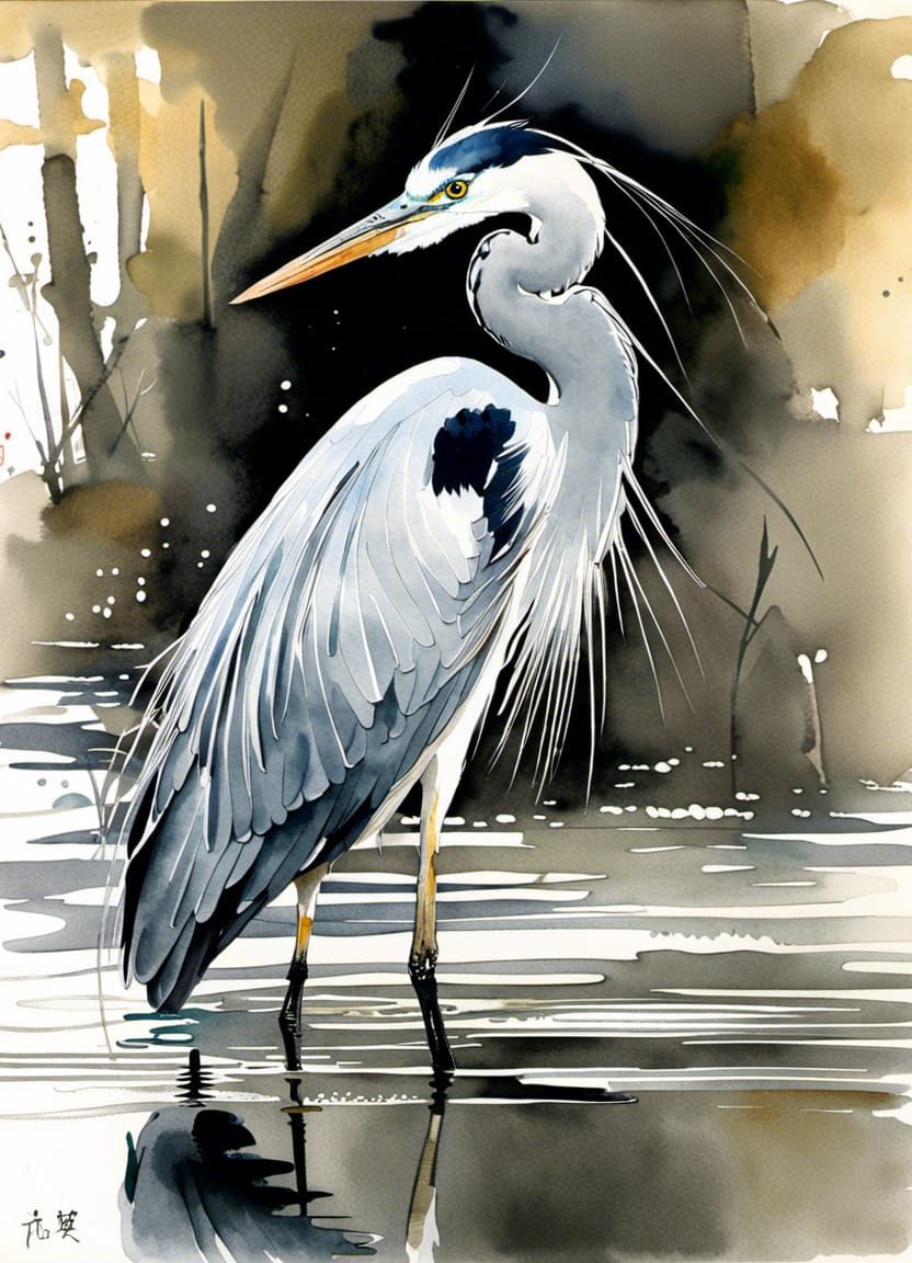 Watercolor Heron Portrait in River Scene