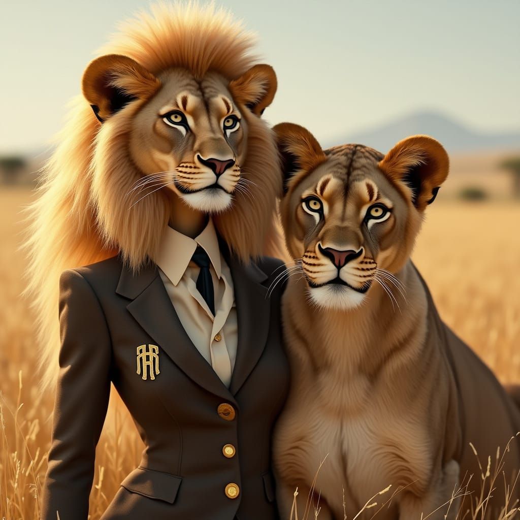 Lionesses in Savannah: Regal Portrait with Monogram