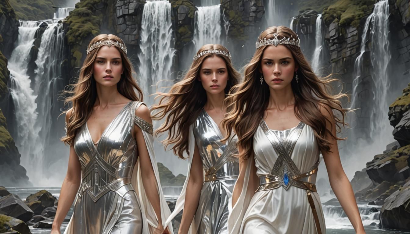 Hyperrealistic Woman with Crystal Sword and Waterfall